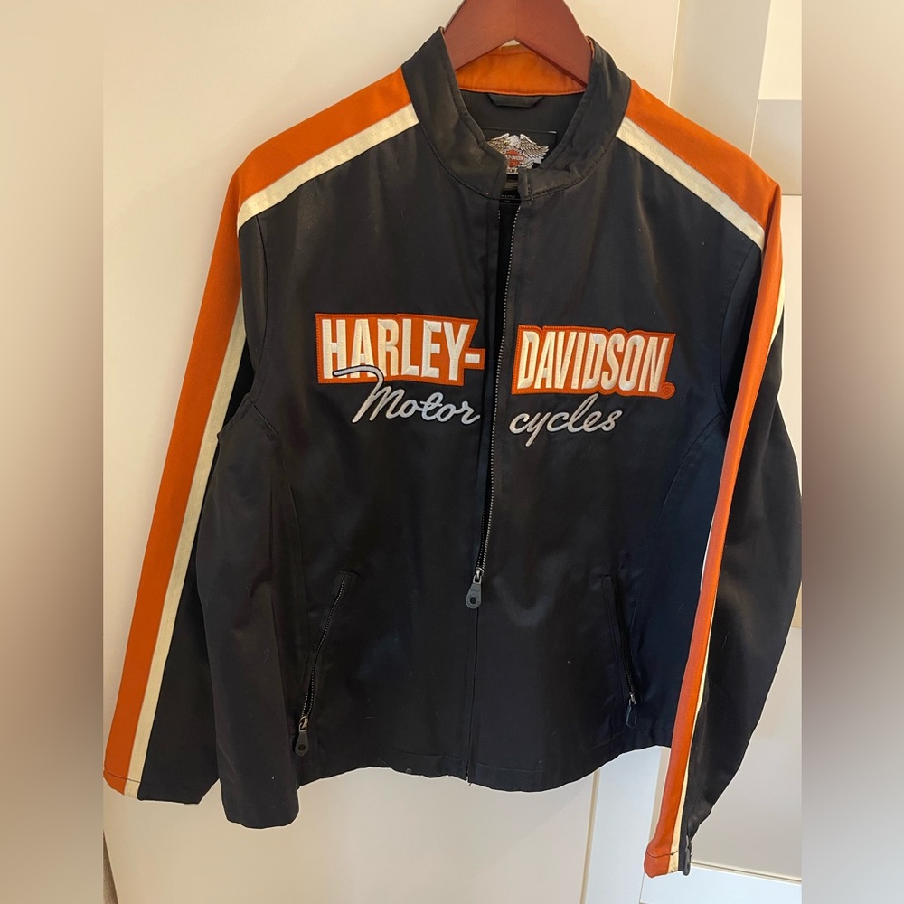Harley Davidson Women L Motorcycle Jacket Full Zip Biker Black Striped Orange